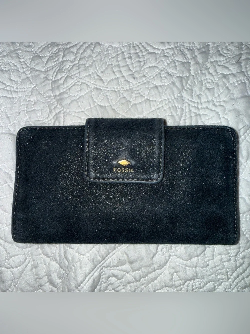 Fossil Black Suede Card & Key Holder with Gold Accent